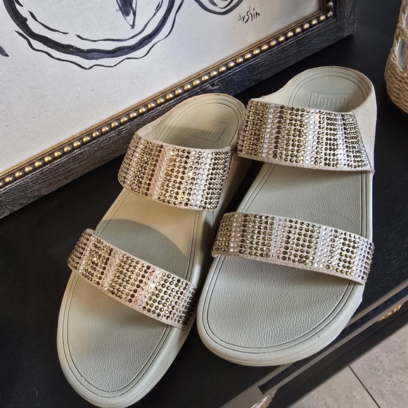FitFlop Women's Flare Strobe Gold Toned Crystals Jewel Slide Sandals 8 - Picture 2 of 9